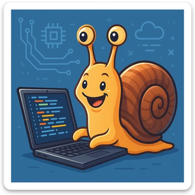 a cheerful snail working on technology, coding on a laptop, modern style, digital art sticker