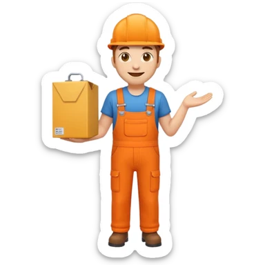 emoji style railway engineer full body in orange overalls, holding a box in front of their chest sticker