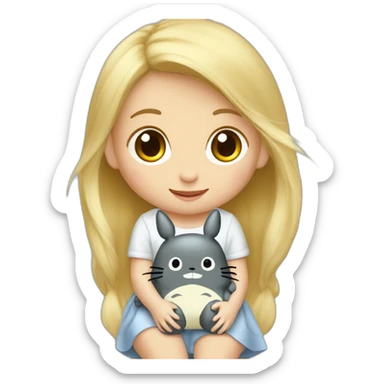 bébé fille blonde décoiffée assise avec une peluche Totoro  sticker
