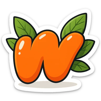 plump vibrant Wattpad logo 'w' in cartoon style with bold outline expressive shadows glossy highlights bright leaves arranged neatly behind logo one side slightly higher other side slightly lower asymmetrical no background sticker
