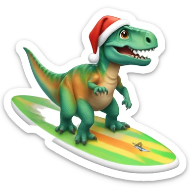 Dinosaur with Santa hat riding a surfboard sticker