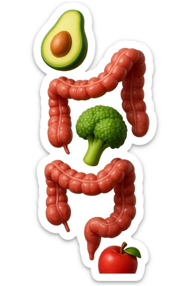 emoji stile iphone in 3d di cibo sano che fluttua in aria vericalmente insieme ùa pezzi di colon umano anatomico, iperrealistico 4k sticker