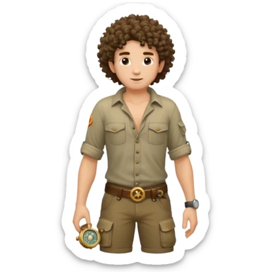 full body jungle explorer man, curly hair, from behind, half-open shirt slipping off shoulders, relic compass in hand sticker