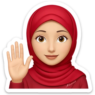 The character gently waves her hand in a slow friendly motion, warm welcoming smile, soft sparkle animation around her, red hijab accents flowing slightly, calm and kind expression, text below in rounded 3D font: “Assalamu alaykum”
🎞 Animation idea: hand wave + eye blink sticker