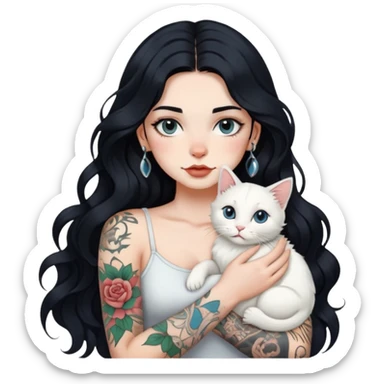 girl with long wave black hair and tattoos and a white cat sticker