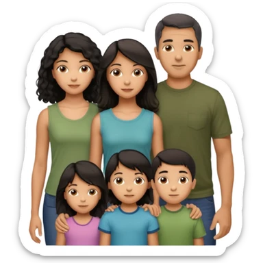 Hispanic family of five, parents in back and three kids in front, girl in the middle, all facing forward, mom with long straight dark hair, dad with short black curly fade, 9-year-old boy with short hair, 6-year-old girl with long straight hair, 6-year-old boy with short hair sticker