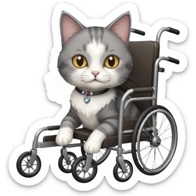 full body small short hair dark grey and white cat with hazel eyes walking in a wheelchair for cats sticker