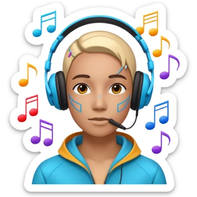 futuro de la industria musical, mezcla de tecnología y música, auriculares futuristas, notas musicales digitales, colores vibrantes, sensación de innovación sticker