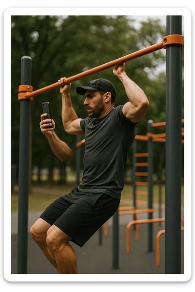 uomo che fa Muscle up e si sta filmando di lato con il telefonino che lo riprende mentre si allena, così da analizzarsi dopo sticker