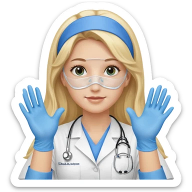 enfermera rubia con pelo largo sin nada en el pelo, con mascarilla y guantes azules las dos manos arriba sticker