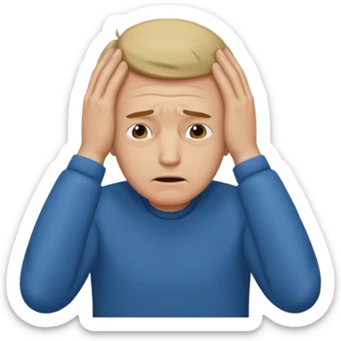 A white man sits at his desk, clutching his head in his hands. sticker