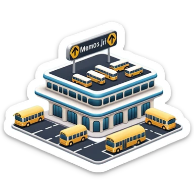 A 3D cartoon bus terminal with multiple buses parked, roofed structure, and directional signs, Memoji-style. sticker