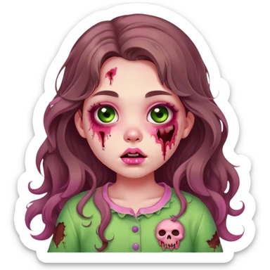 Zombie teen girl, long wavy brown hair, big doe BROWN EYES, cute chubby cheeks and lips, coquette / kawaii style, green zombie skin, lots of bruises, pink clothes sticker