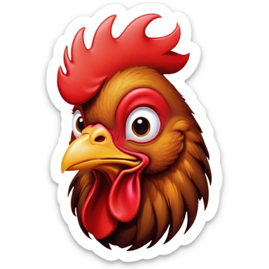 Cinematic Comical Brown Rooster Portrait Emoji, Head tilted dramatically with an exaggeratedly amused expression, featuring a striking, glossy brown plumage with a bold red comb, wide, expressive warm eyes filled with playful disbelief, Simplified yet hilariously expressive features, highly detailed, glowing with a slightly sassy glow, high shine, dramatic yet playful, stylized with an air of cheeky mischief, bright and endearing, soft glowing outline, capturing the essence of a spirited and over-the-top rooster, so meme-worthy it feels like it could crow its way into internet fame instantly! sticker