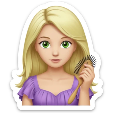 blonde woman with swamp green eyes and a soft purple dress combing her hair, iOS emoji style sticker