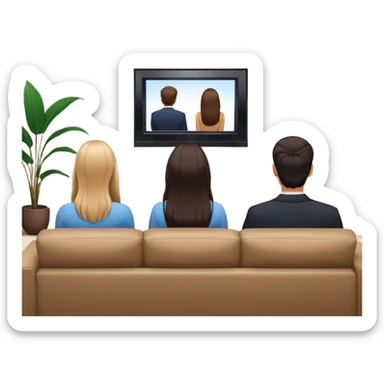 A man and a women long hir  photographed from behind, sitting on a sofa and watching the news on TV on a modern flat screen. The setting is a living room. sticker