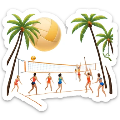 The scene captures a sunny beach atmosphere with clear blue sea and sky, palm trees swaying, and people in swimsuits enjoying the vibrant surroundings. A volleyball resting on the orange sand ground of a beach, with a volleyball net in the background.  sticker