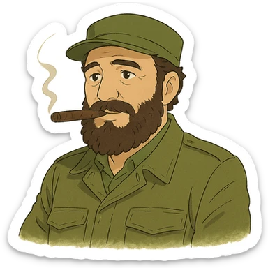 ghibli style illustration of Fidel Castro with a cigar sticker