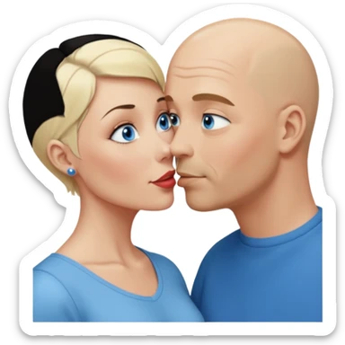 middle aged bald man with salt and blonde scruff, blue eyes and short haired blonde woman with blue eyes kissing each other sticker