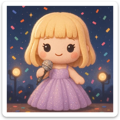 Pretty and girly Blonde pop star with bangs wearing a sparkly tulle light purple ballgown, holding a bedazzled microphone, reimagined as a soft kawaii plushie doll, with a nighttime concert backdrop with colorful confetti sticker