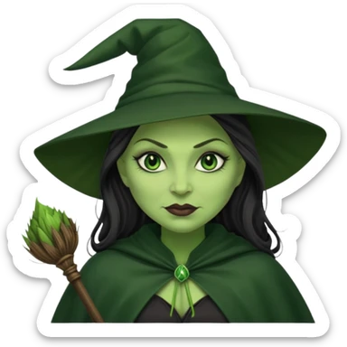 elphaba wicked witch with broom close up, evil dark coily long  hair, green skin, thick green lips, cheekbones, smirk evil menacing cythia erivo dark aesthetic black hat cloak  sticker