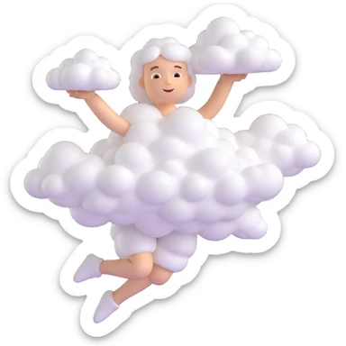 a minimalist and airy human figure flying, entirely composed of small, very white, fluffy, convex clouds, no background, no extra details sticker