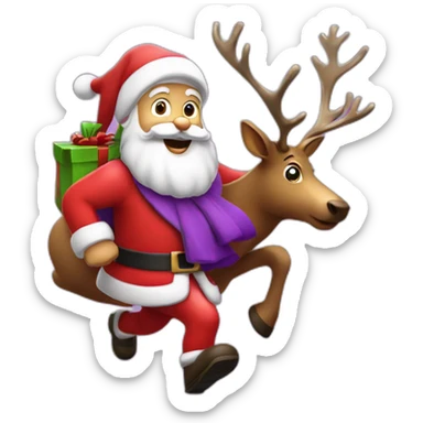 Santa Claus dressed in purple running with the reindeer to deliver the presents sticker