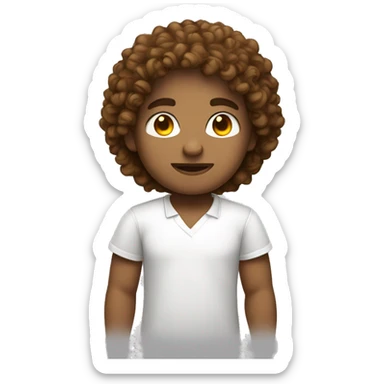 young web developer with curly hair a basic white shirt, white face and honey eye color sticker