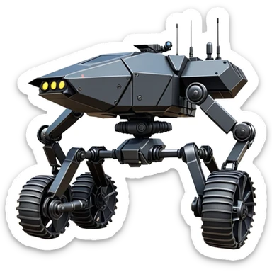 unstoppable American 8-wheel armored personnel stealth self-balancing army massive mech trail vehicle shooting forward side-hill leaning actively robotically articulating hydraulic independent suspended pod gimbal enemy mech off-road racing rover with large fast engine RC basher crawler megatron  sticker