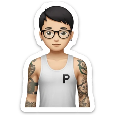 A young boy with A macbook laptop, black straight short hair, wearing glasses, wearing a tanktop, has tattoos, he is asian

Add the letters "P I F" floating around sticker