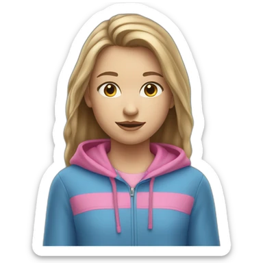 13 year old girl with dirty brownish blonde hair and blue eyes with a pink hoodie that’s not on her head sticker