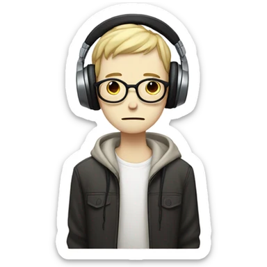 Skinny white boy with harrowed, gaunt facial features and black-rimmed glasses, wearing headphones, bemoanedly grieving and listening to music (Japan) sticker