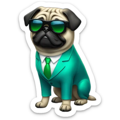 dog pug-in-gradient-green-blue-suit-with-and-black-sunglasses-standing-with-black-shoes sticker