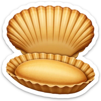 A madeleine pastry. Oval seashell shape with ONLY four to five vertical lines going in the same direction. Light golden brown. Scalloped edge. Cookie. Flat. Long. Oval shape. Lets scallops. Only four or five scalloped lines. Oblong shape. More length. Less roundness. More vertical length sticker
