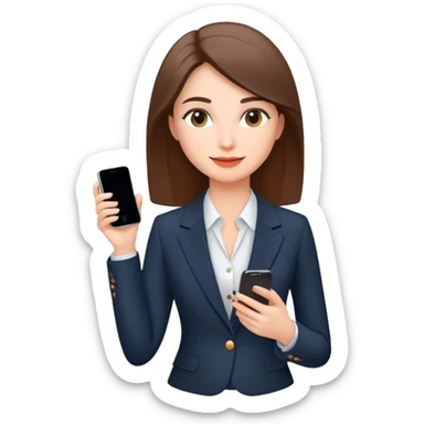 a woman in an elegant classic suit with a slight smile. Her makeup is natural, and she looks busy, for example, holding a phone in her hand. sticker