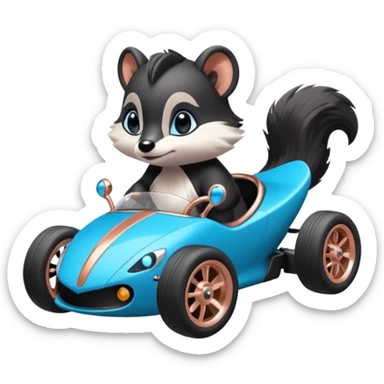 dark crystal blue and rosegold-accented faceted-body electric racing car driven by a small cute but fearless baby skunk with rear spoiler, roll bar, and wheely bar sticker