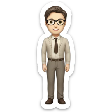 Full height Pale skinned fit man with dark brown hair in gray jacket, beige office shirt, brown tie, brown pants and vintage glasses. His right hand stretched out sticker