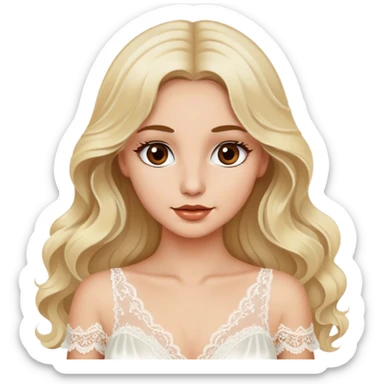 Blonde model with brown eyes, long wavy hair, honeymoon, white silk and lace dress sticker