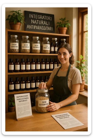 A realistic, well-lit herbal supplement store interior with wooden shelves neatly displaying glass jars and bottles labeled as ‘Chiodi di Garofano’, ‘Acido Butirrico’, and ‘Semi di Pompelmo’, organized in a clean and aesthetic manner. Small handwritten chalkboard signs indicate ‘Natural Antiparasitic Supplements’ above the section. The environment feels warm and trustworthy, with potted green plants adding freshness and a subtle sunlight entering through a window. A young shop assistant with a welcoming smile arranges the products, while informational leaflets about natural parasite cleansing are visible on a wooden counter, creating a holistic and health-conscious atmosphere in Italiano sticker