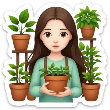 beautiful pale brunette girl with long hair holding plants in the pots sticker