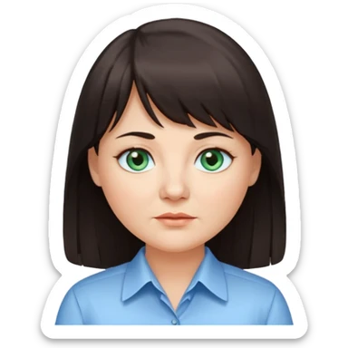 50 yr old woman, blue green eyes, long straight dark brown hair, business shirt, chubby, bangs sticker