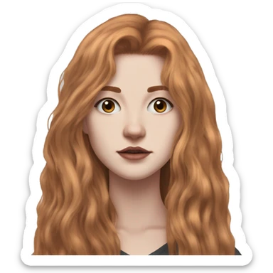 White fair skin, long hair, woman, feminine, straight hair in a wolf haircut, ginger coloured hair, grundge aesthetic, beautiful face, British, stylist, aesthetic, side bangs, front bangs sticker