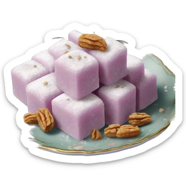 Turkish delight stacked cubes with chopped walnuts and covered with powdered sugar, on a floral porcelain plate sticker