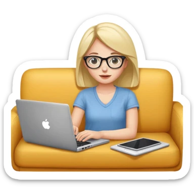 A girl is working with a laptop while lying horizontal on the sofa sticker