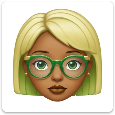 Caramel skin black woman 52 with green glasses that have gold edges and very blonde hair that’s very short but still puffy and small sticker