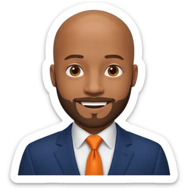 headshot of a sophisticated, stylish, bald head, smiling Caribbean black man with a beard and goatee in a navy blue suit, orange tie sticker