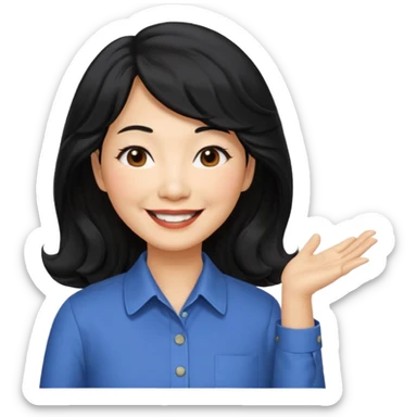 60 yr old asian woman, wavy thick black hair past shoulder length, side part, side swept bang, big smile, collared shirt, long hair sticker