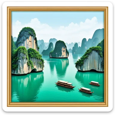 Cinematic Realistic Ha Long Bay Landscape Emoji, depicted with limestone karsts emerging from emerald waters rendered with intricate detail and dynamic natural lighting. sticker