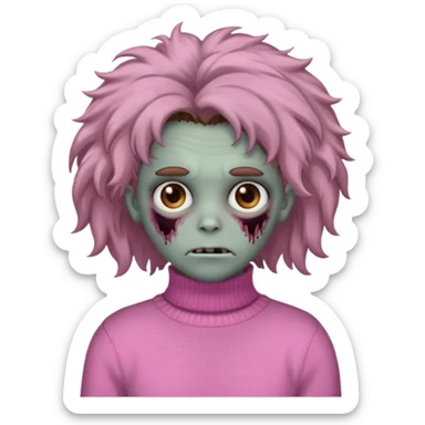 brown fluffy haired grey zombie with pink turtleneck sweater and hair band sticker