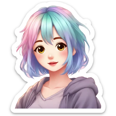 Gorgeous anime style shojo character with blushing face aesthetic and pretty colorful shiny gradient pastel hair with hair garment trending style sticker